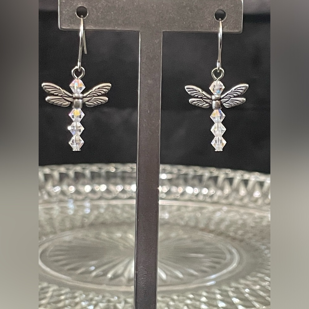 Handmade Dragonfly Crystal Drop Earrings - Iridescent White
